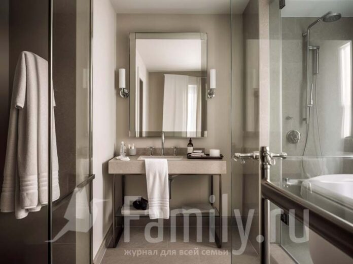 Стильная ванная с большим зеркалом