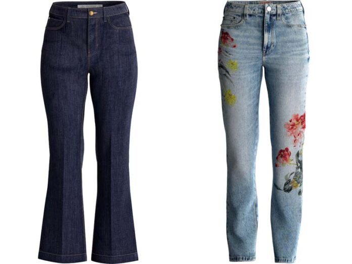 Джинсы с вышивкой и джинсы-клеши, Guess весна-лето 2024