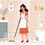 Уборка в ванной на пять! Женщина убирается в ванной