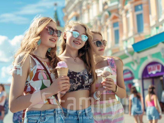Девушки едят мороженое