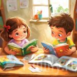 Детские книги: мистика, приключения и сказки Девочка и мальчик за столом с книгами