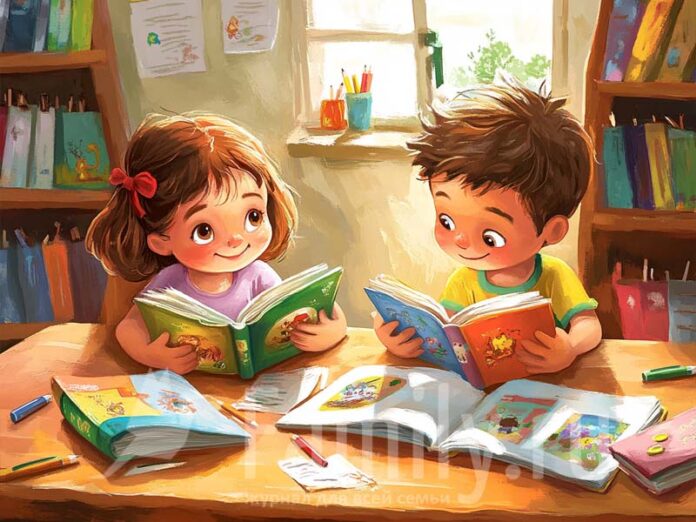 Exmo-kids-oct-25-poster Девочка и мальчик за столом с книгами