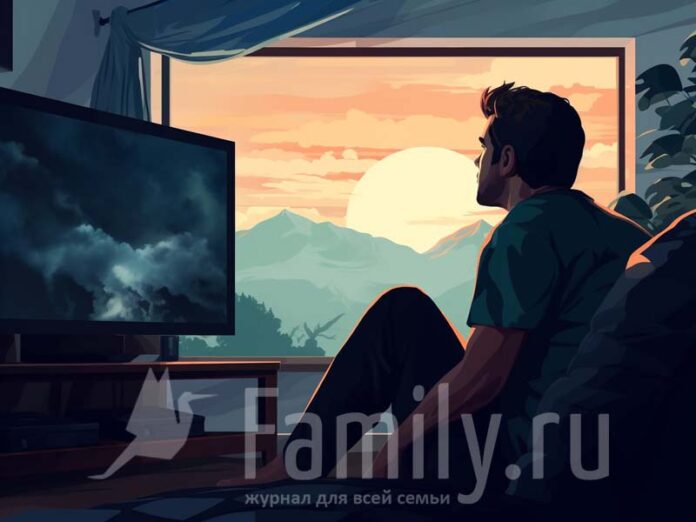 Парень сидит перед телевизором