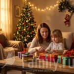 Готовим подарки Мама и ребенок за столом с подарками