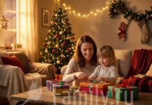 Готовим подарки Мама и ребенок за столом с подарками