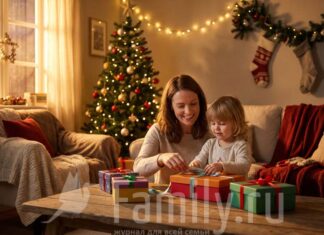 Готовим подарки Мама и ребенок за столом с подарками
