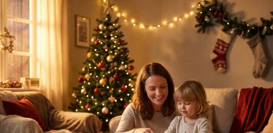 Готовим подарки Мама и ребенок за столом с подарками