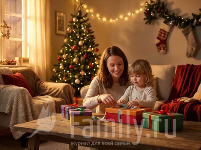 Мама и ребенок за столом с подарками