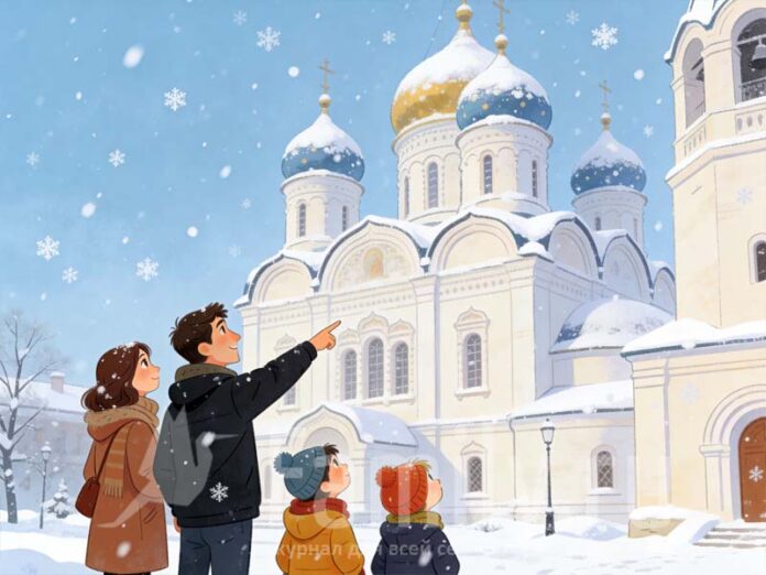 Люди у собора зимой