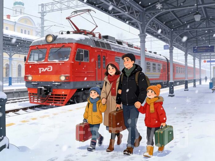 Папа, мама и дети на жд вокзале у электрички