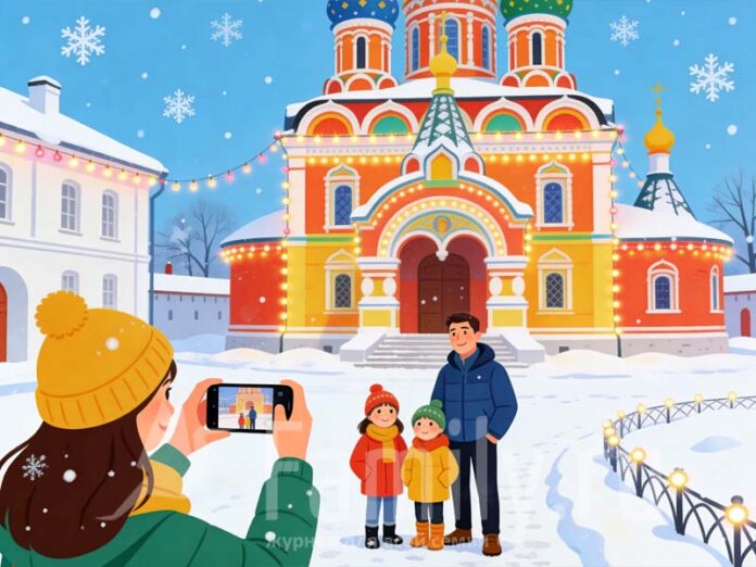 Семья на фоне церкви