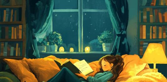 Детские книги: энциклопедии и сказки Девочка на диване с книгой