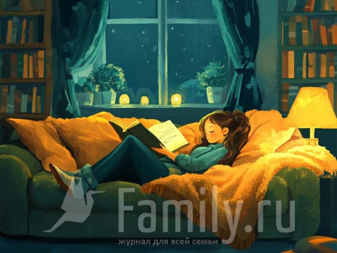 Девочка на диване с книгой