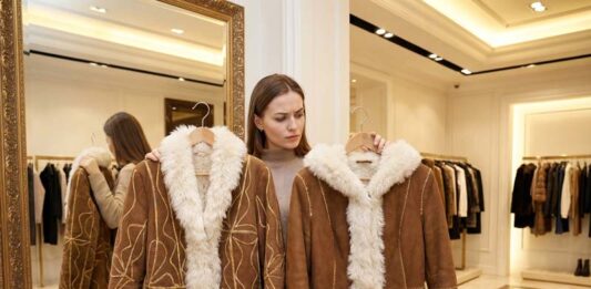 Спасаемся от морозов Девушка выбирает дубленку в магазине