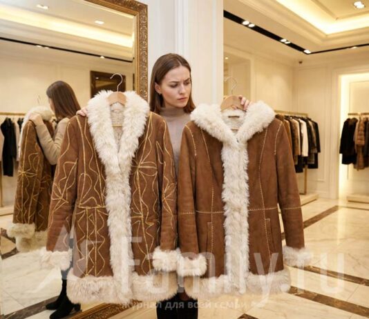 Спасаемся от морозов Девушка выбирает дубленку в магазине