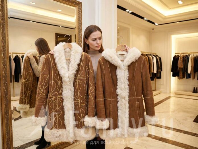 Девушка выбирает дубленку в магазине