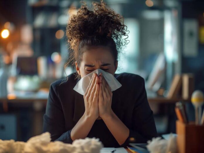 Женщина чихает