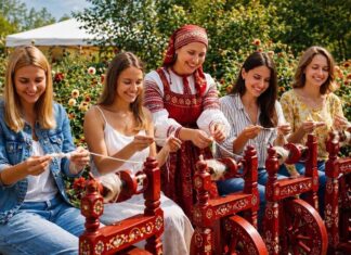 Фестиваль Фолково: песни, сказки, хороводы Девушки с прялками на фестивале Фолково
