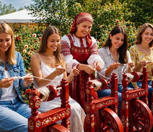 Фестиваль Фолково: песни, сказки, хороводы Девушки с прялками на фестивале Фолково