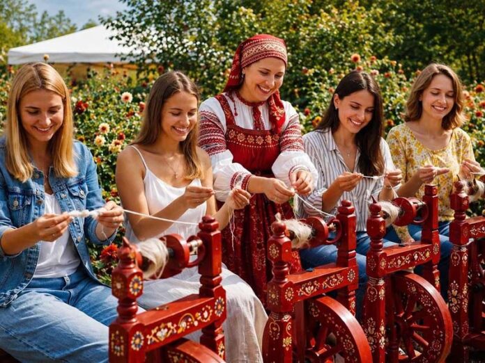 Девушки с прялками на фестивале Фолково