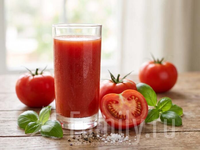 Томатный сок в стакане и помидоры